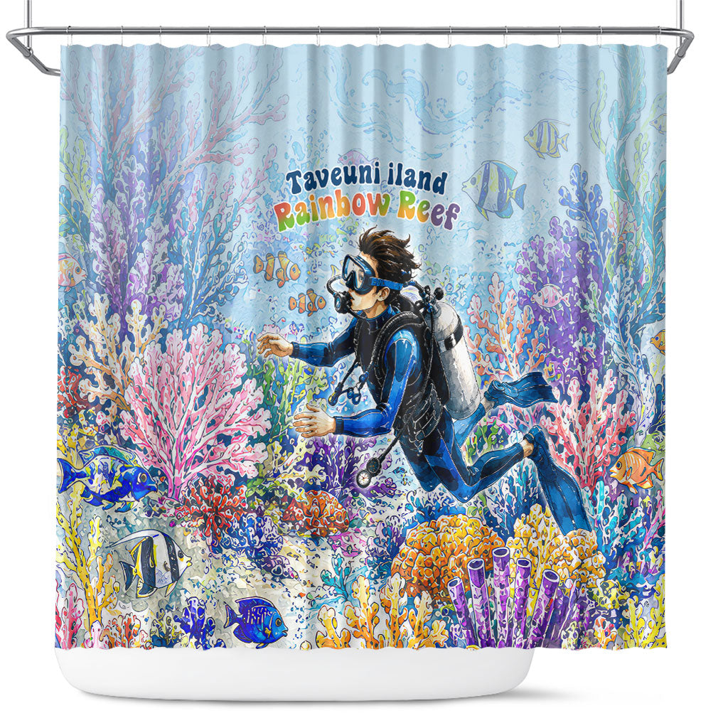 Fiji Taveuni Rainbow Reef Shower Curtain Scuba Diver Vibrant Undersea Coral Garden Watercolor TS04 Blue - Polynesian Pride