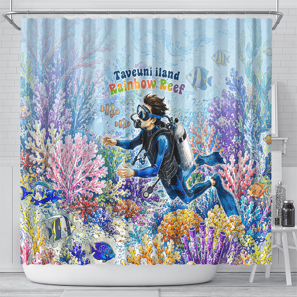 Fiji Taveuni Rainbow Reef Shower Curtain Scuba Diver Vibrant Undersea Coral Garden Watercolor TS04 - Polynesian Pride