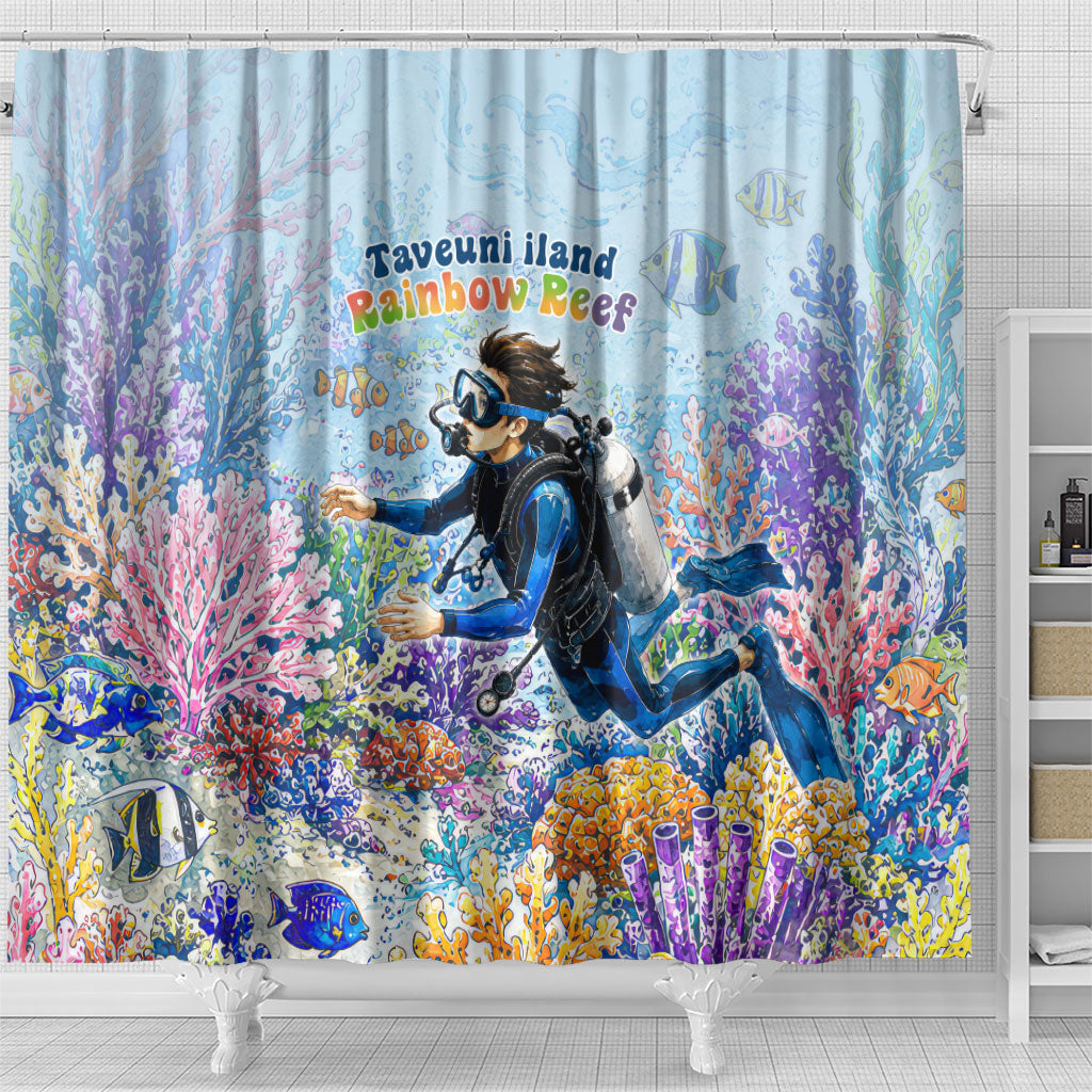 Fiji Taveuni Rainbow Reef Shower Curtain Scuba Diver Vibrant Undersea Coral Garden Watercolor TS04 - Polynesian Pride