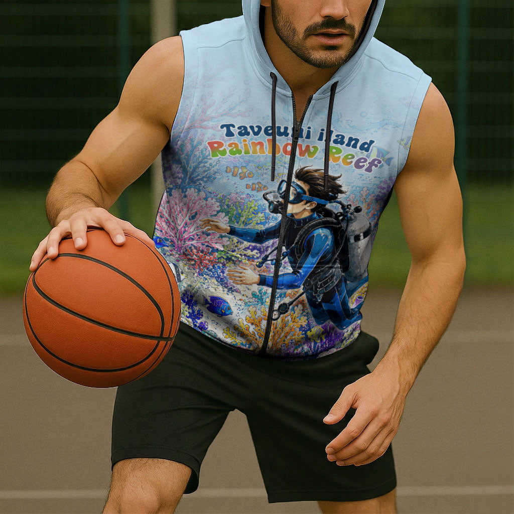 Fiji Taveuni Rainbow Reef Sleeveless Zip Hoodie Scuba Diver Vibrant Undersea Coral Garden Watercolor TS04 - Polynesian Pride