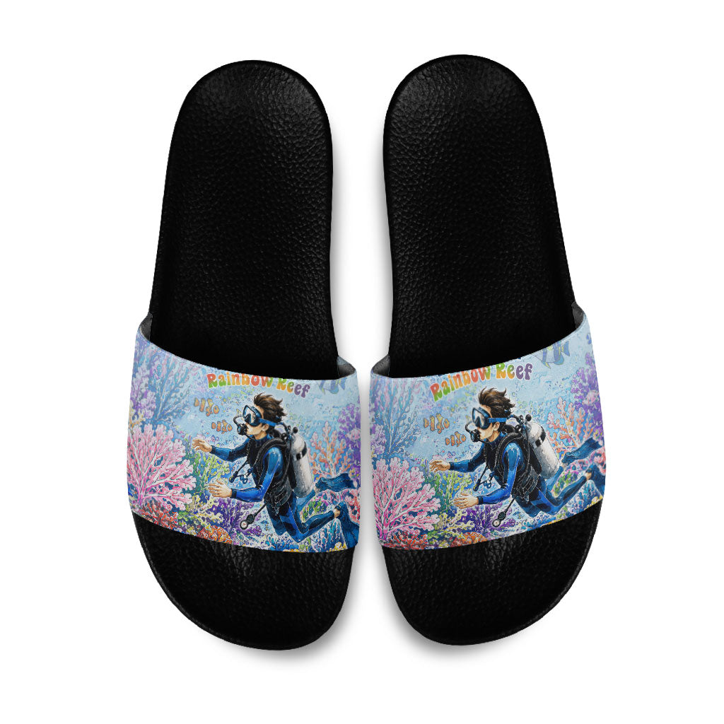 Fiji Taveuni Rainbow Reef Slide Sandals Scuba Diver Vibrant Undersea Coral Garden Watercolor TS04 Blue - Polynesian Pride