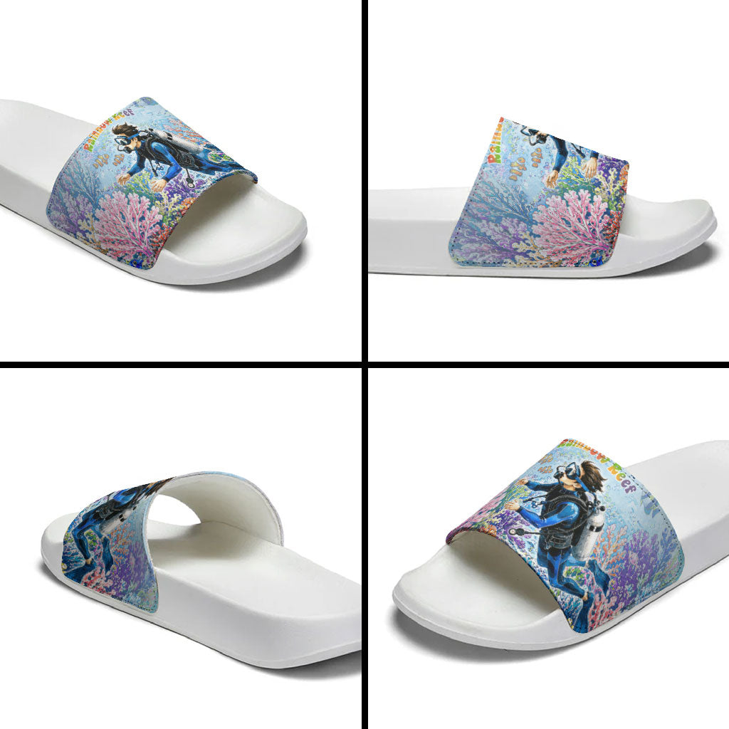 Fiji Taveuni Rainbow Reef Slide Sandals Scuba Diver Vibrant Undersea Coral Garden Watercolor TS04 - Polynesian Pride