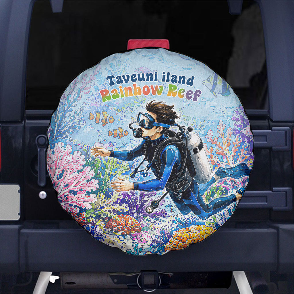 Fiji Taveuni Rainbow Reef Spare Tire Cover Scuba Diver Vibrant Undersea Coral Garden Watercolor TS04 No hole Blue - Polynesian Pride