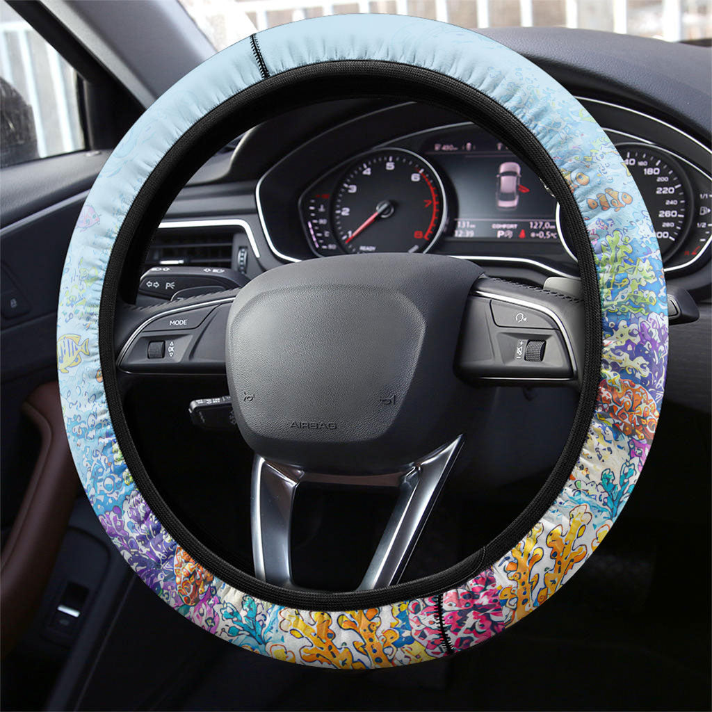 Fiji Taveuni Rainbow Reef Steering Wheel Cover Scuba Diver Vibrant Undersea Coral Garden Watercolor TS04 - Polynesian Pride