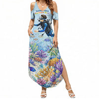 Fiji Taveuni Rainbow Reef Summer Maxi Dress Scuba Diver Vibrant Undersea Coral Garden Watercolor TS04 Women Blue - Polynesian Pride