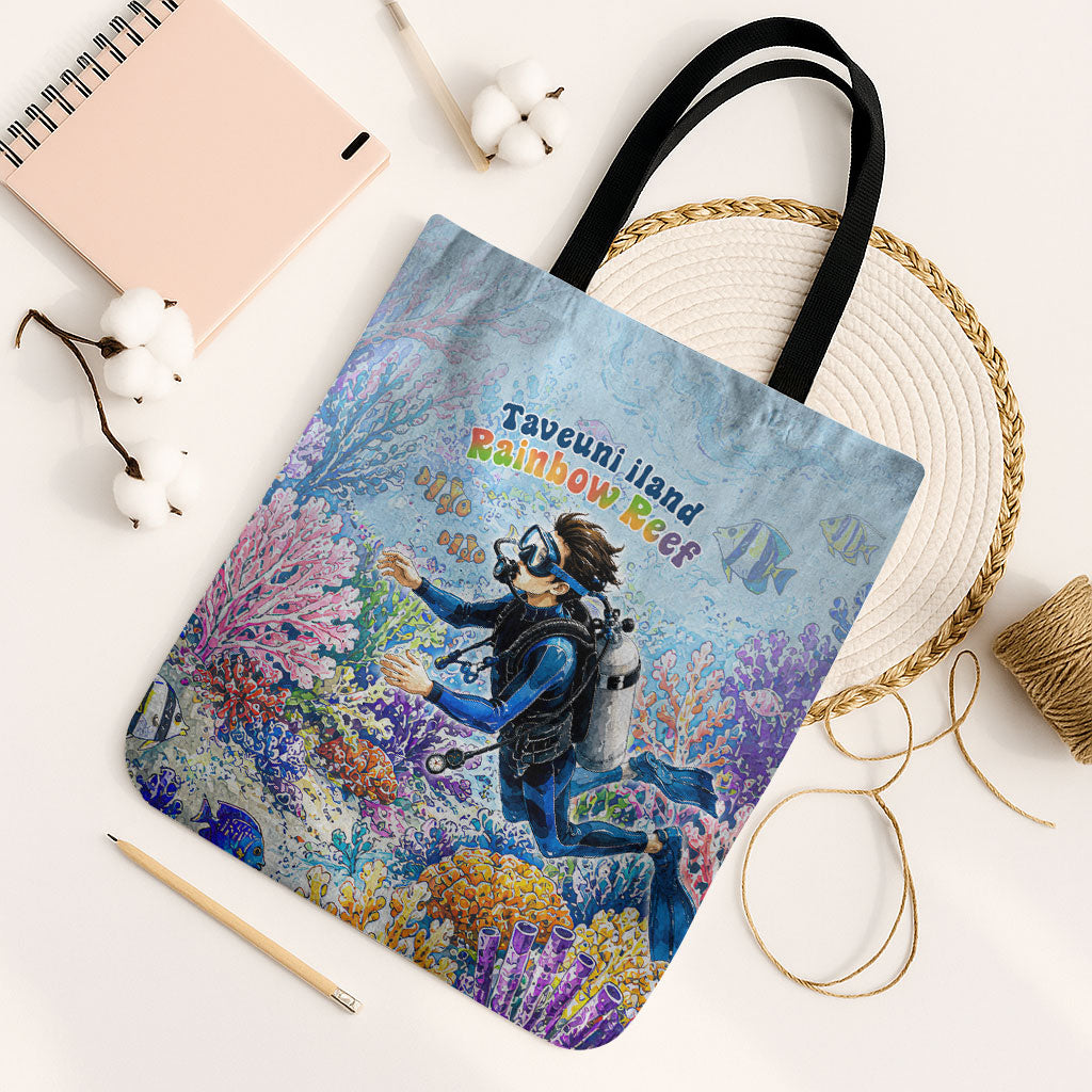 Fiji Taveuni Rainbow Reef Tote Bag Scuba Diver Vibrant Undersea Coral Garden Watercolor TS04 Black Strap One Size Blue - Polynesian Pride