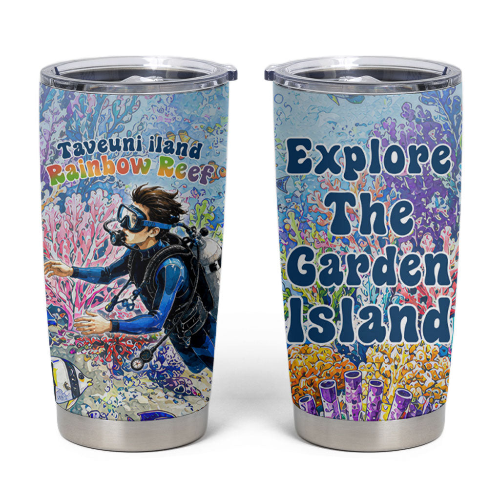 Fiji Taveuni Rainbow Reef Tumbler Cup Scuba Diver Vibrant Undersea Coral Garden Watercolor TS04 Blue - Polynesian Pride