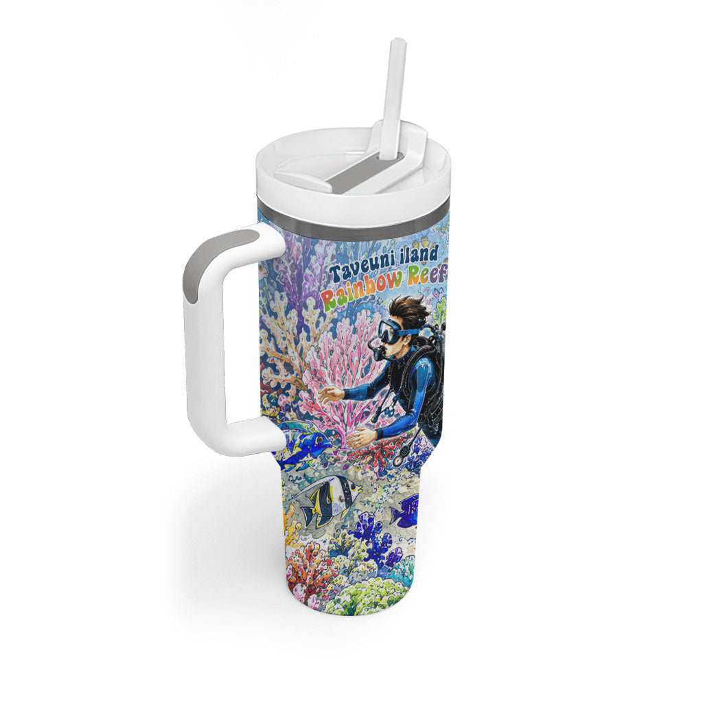 Fiji Taveuni Rainbow Reef Tumbler With Handle Scuba Diver Vibrant Undersea Coral Garden Watercolor TS04 - Polynesian Pride