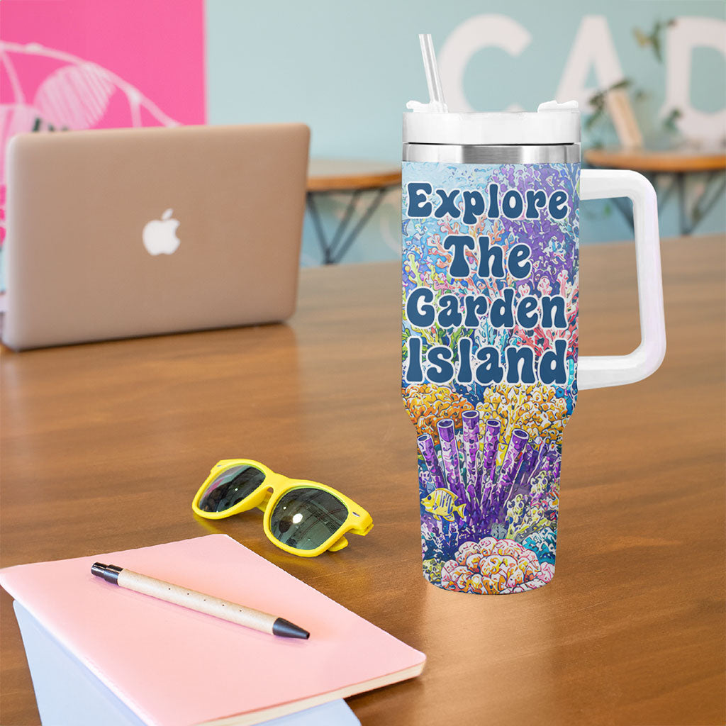 Fiji Taveuni Rainbow Reef Tumbler With Handle Scuba Diver Vibrant Undersea Coral Garden Watercolor TS04 - Polynesian Pride
