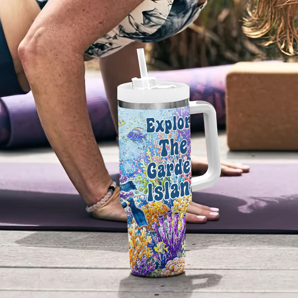 Fiji Taveuni Rainbow Reef Tumbler With Handle Scuba Diver Vibrant Undersea Coral Garden Watercolor TS04 - Polynesian Pride