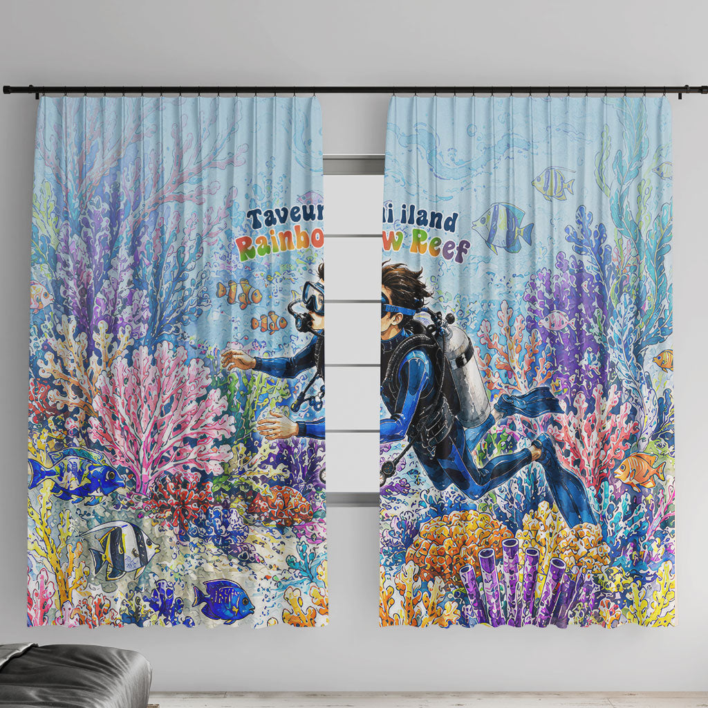Fiji Taveuni Rainbow Reef Window Curtain Scuba Diver Vibrant Undersea Coral Garden Watercolor TS04 With Hooks Blue - Polynesian Pride