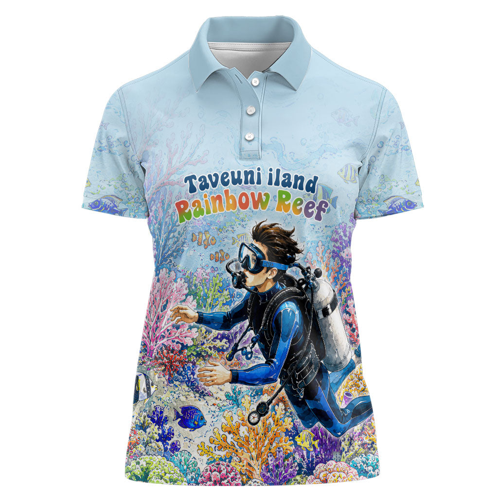 Fiji Taveuni Rainbow Reef Women Polo Shirt Scuba Diver Vibrant Undersea Coral Garden Watercolor TS04 Female Blue - Polynesian Pride