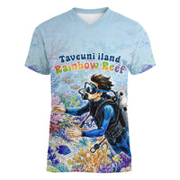 Fiji Taveuni Rainbow Reef Women V-Neck T-Shirt Scuba Diver Vibrant Undersea Coral Garden Watercolor TS04 Female Blue - Polynesian Pride