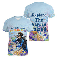 Fiji Taveuni Rainbow Reef Women V-Neck T-Shirt Scuba Diver Vibrant Undersea Coral Garden Watercolor TS04 - Polynesian Pride