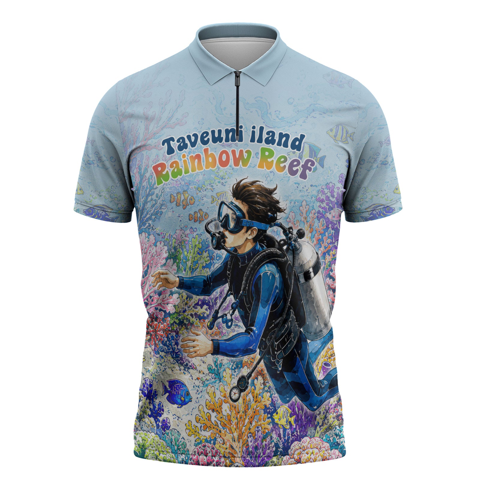 Fiji Taveuni Rainbow Reef Zipper Polo Shirt Scuba Diver Vibrant Undersea Coral Garden Watercolor TS04 Blue - Polynesian Pride