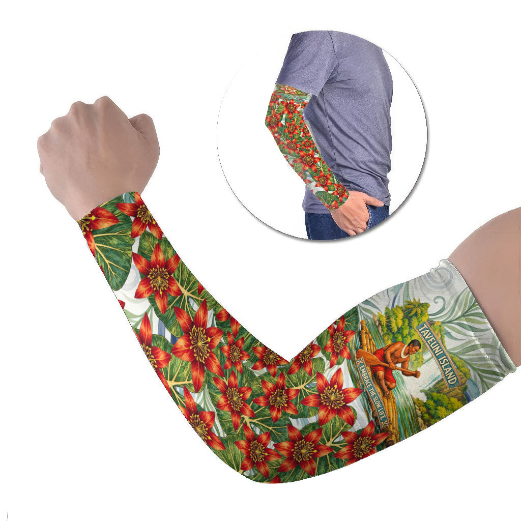 Fiji Taveuni Island Dateline Crossing Arm Sleeves Tropical Cultural Landscape With Tagimoucia Floral Pattern TS04 Set of 2 White Green - Polynesian Pride