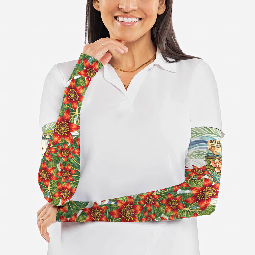 Fiji Taveuni Island Dateline Crossing Arm Sleeves Tropical Cultural Landscape With Tagimoucia Floral Pattern TS04 - Polynesian Pride