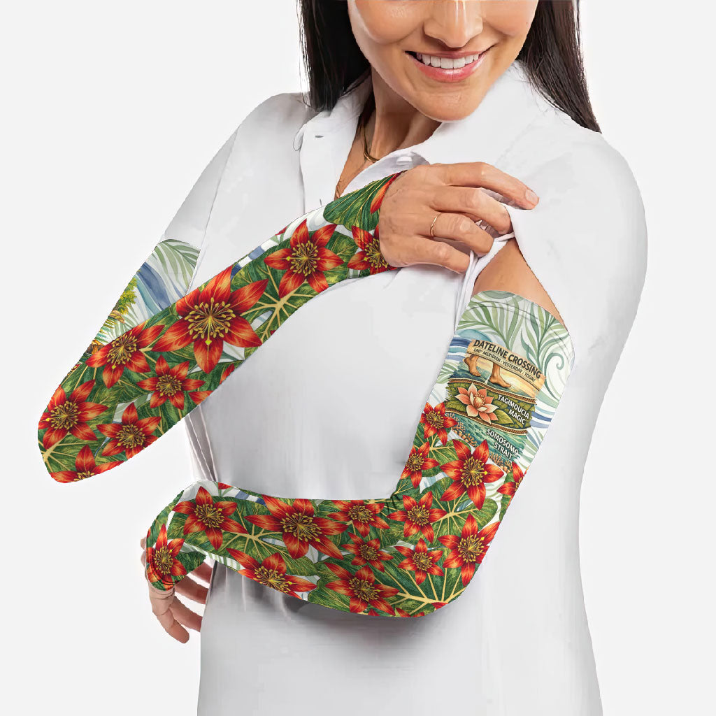 Fiji Taveuni Island Dateline Crossing Arm Sleeves Tropical Cultural Landscape With Tagimoucia Floral Pattern TS04 - Polynesian Pride