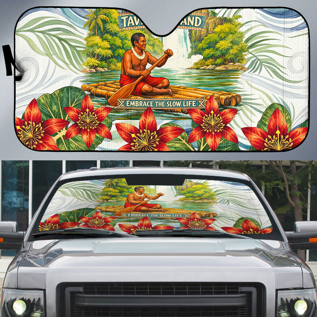 Fiji Taveuni Island Dateline Crossing Auto Sun Shade Tropical Cultural Landscape With Tagimoucia Floral Pattern TS04 White Green - Polynesian Pride