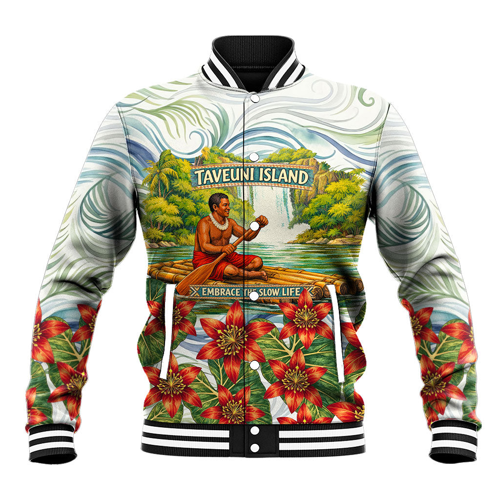 Fiji Taveuni Island Dateline Crossing Baseball Jacket Tropical Cultural Landscape With Tagimoucia Floral Pattern TS04 Unisex White Green - Polynesian Pride