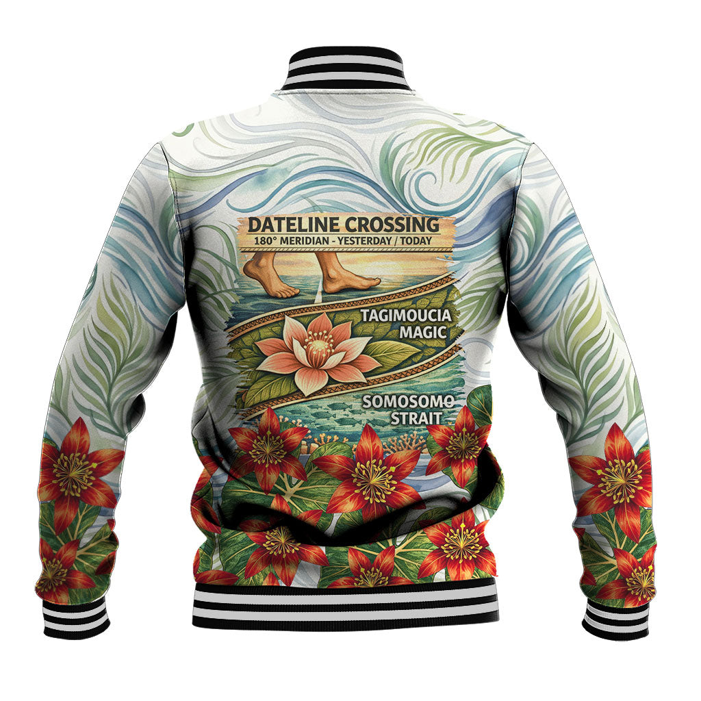 Fiji Taveuni Island Dateline Crossing Baseball Jacket Tropical Cultural Landscape With Tagimoucia Floral Pattern TS04 - Polynesian Pride