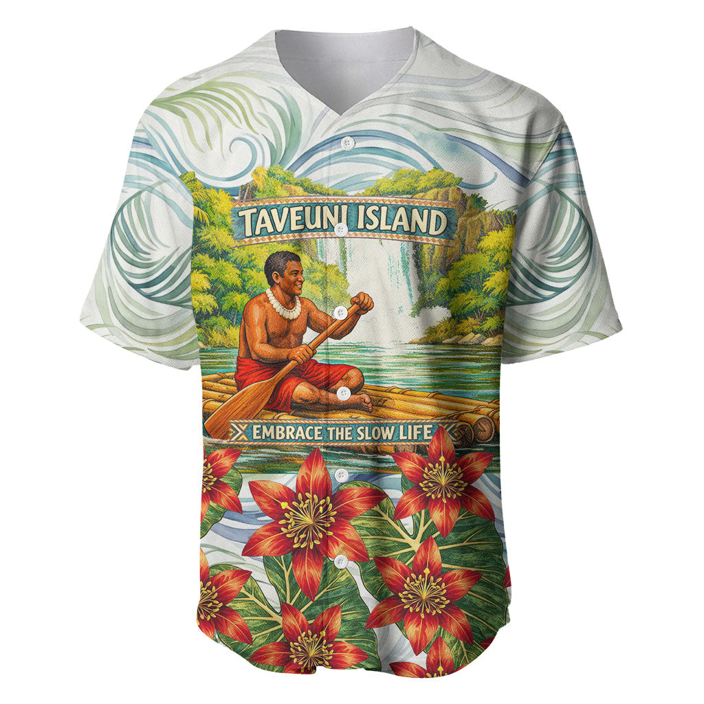 Fiji Taveuni Island Dateline Crossing Baseball Jersey Tropical Cultural Landscape With Tagimoucia Floral Pattern TS04 White Green - Polynesian Pride