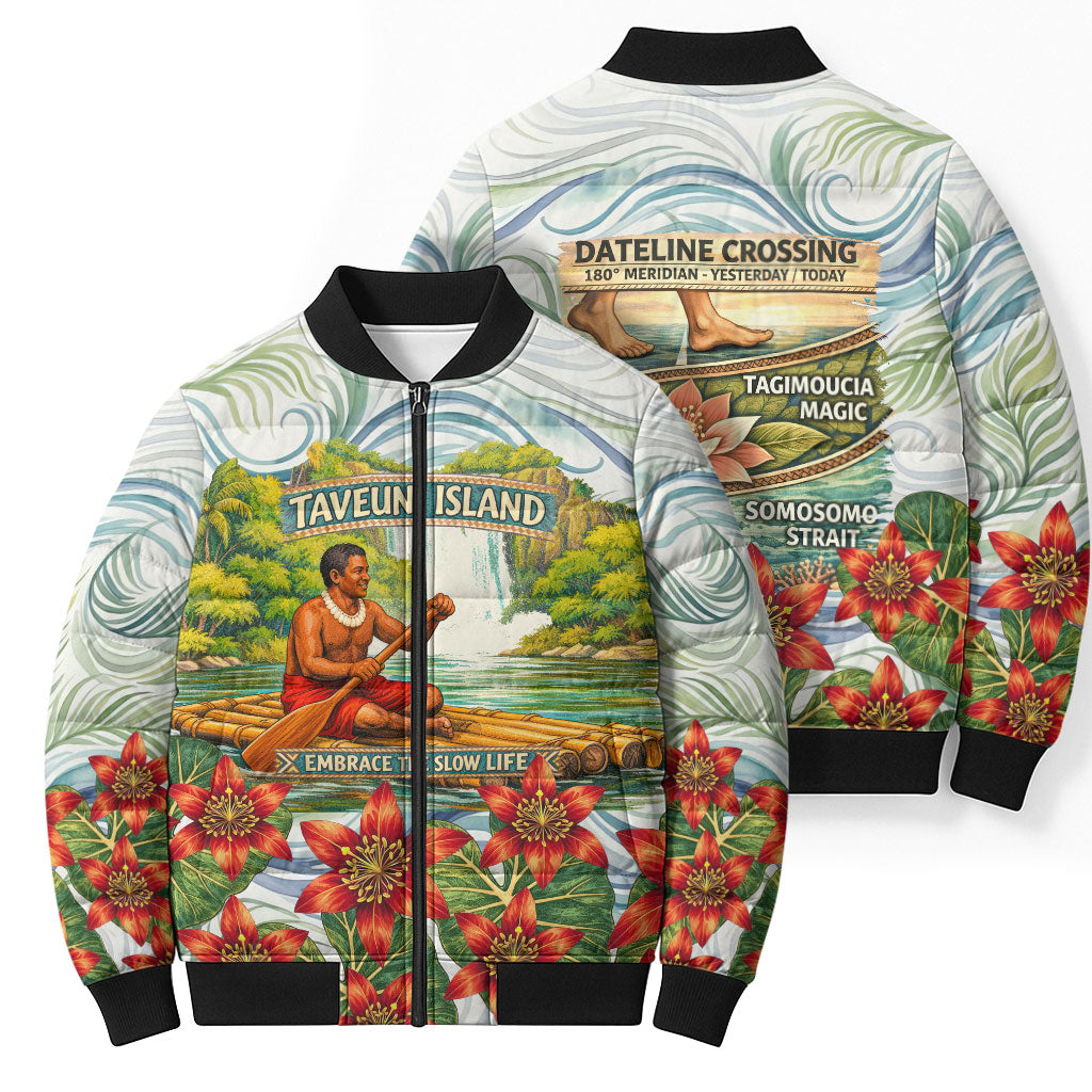 Fiji Taveuni Island Dateline Crossing Bomber Puffer Jacket Tropical Cultural Landscape With Tagimoucia Floral Pattern TS04 - Polynesian Pride