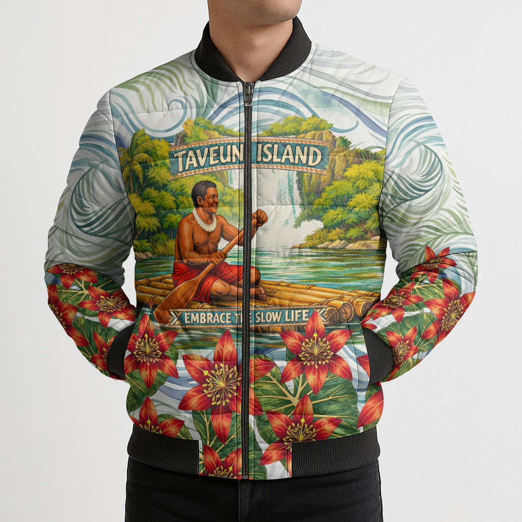 Fiji Taveuni Island Dateline Crossing Bomber Puffer Jacket Tropical Cultural Landscape With Tagimoucia Floral Pattern TS04 - Polynesian Pride