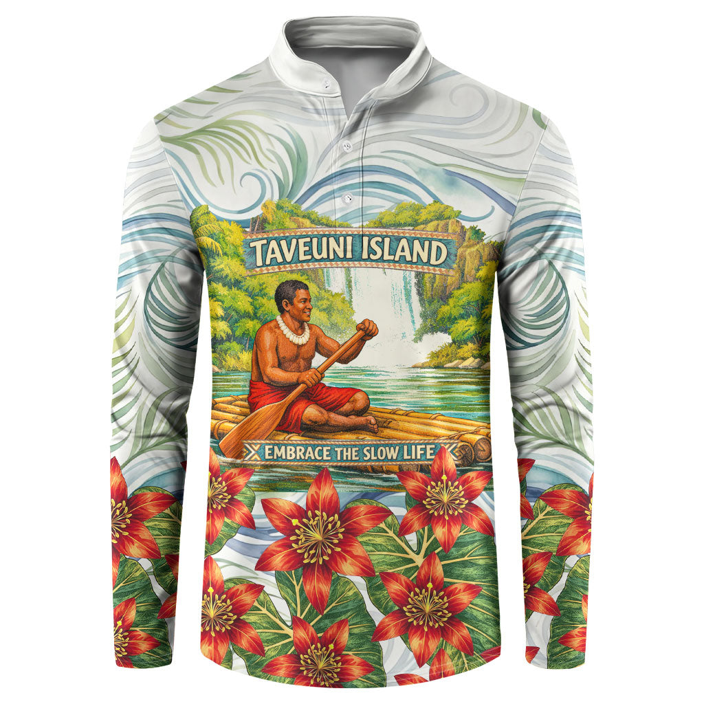 Fiji Taveuni Island Dateline Crossing Button Sweatshirt Tropical Cultural Landscape With Tagimoucia Floral Pattern TS04 White Green - Polynesian Pride