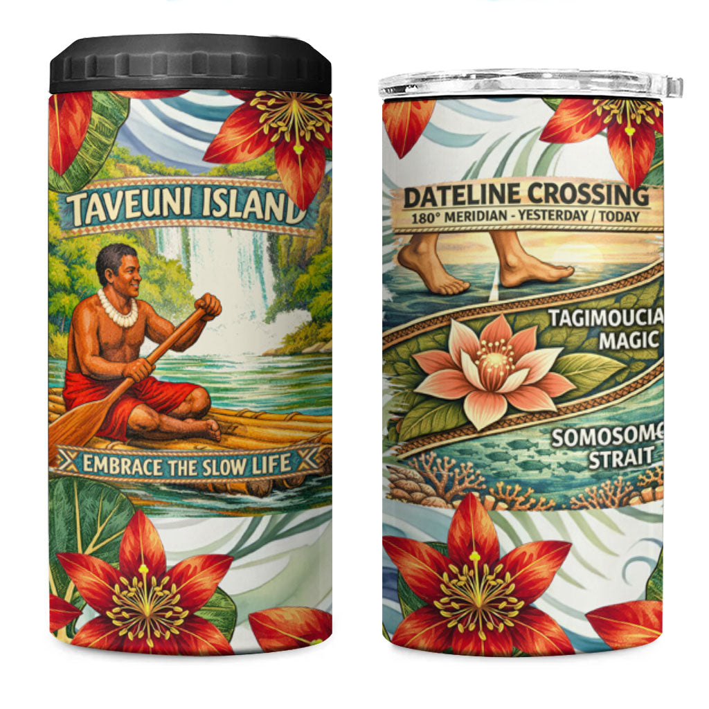 Fiji Taveuni Island Dateline Crossing 4 in 1 Can Cooler Tumbler Tropical Cultural Landscape With Tagimoucia Floral Pattern TS04 One Size: 16 oz White Green - Polynesian Pride