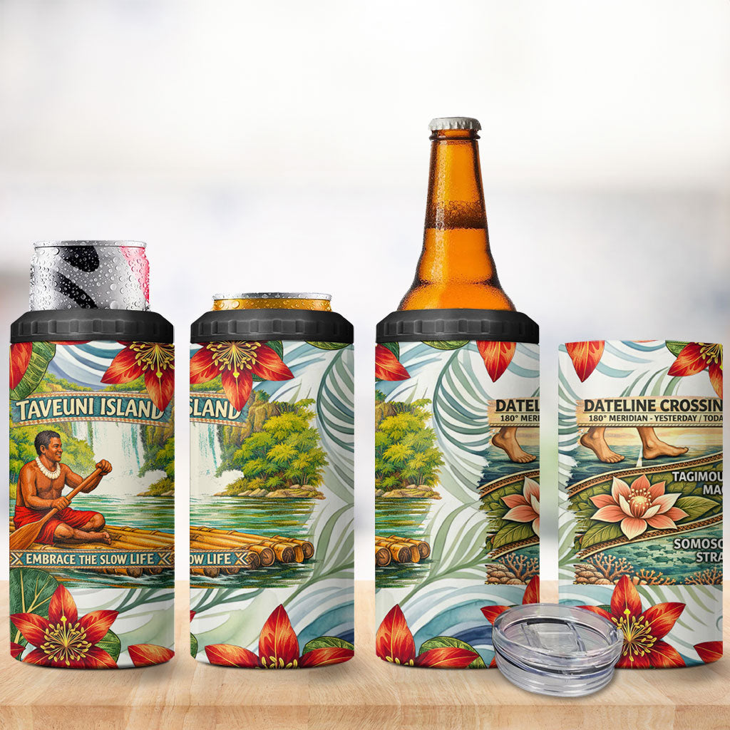 Fiji Taveuni Island Dateline Crossing 4 in 1 Can Cooler Tumbler Tropical Cultural Landscape With Tagimoucia Floral Pattern TS04 - Polynesian Pride