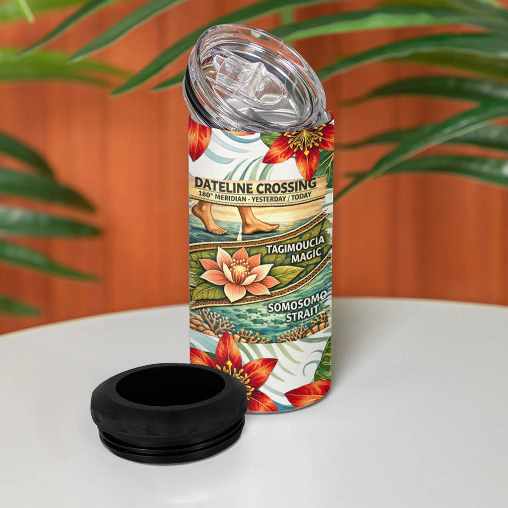 Fiji Taveuni Island Dateline Crossing 4 in 1 Can Cooler Tumbler Tropical Cultural Landscape With Tagimoucia Floral Pattern TS04 - Polynesian Pride