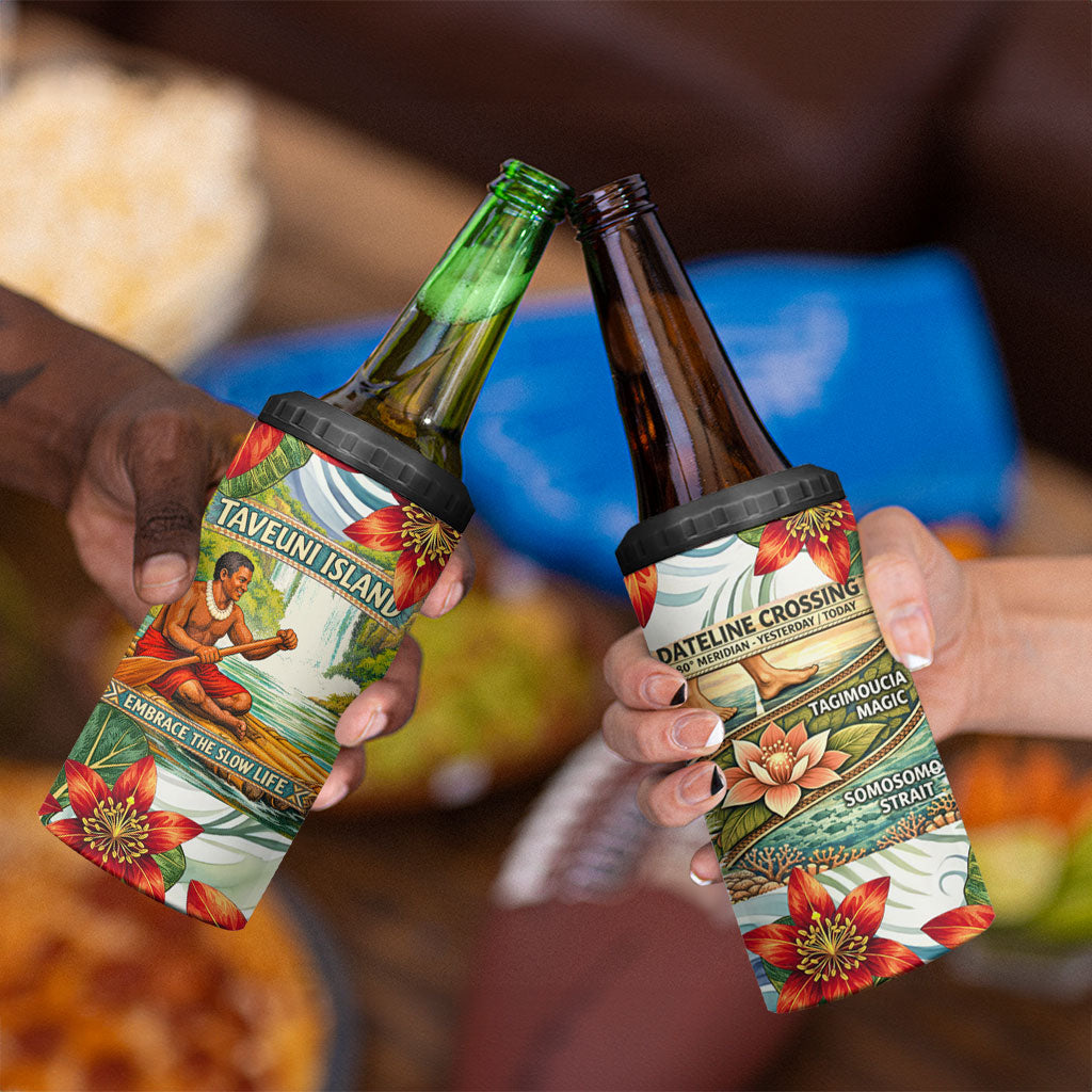 Fiji Taveuni Island Dateline Crossing 4 in 1 Can Cooler Tumbler Tropical Cultural Landscape With Tagimoucia Floral Pattern TS04 - Polynesian Pride