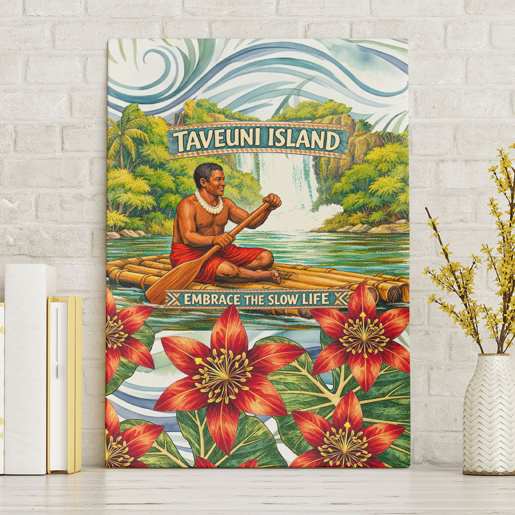 Fiji Taveuni Island Dateline Crossing Canvas Wall Art Tropical Cultural Landscape With Tagimoucia Floral Pattern TS04 Without Frame White Green - Polynesian Pride