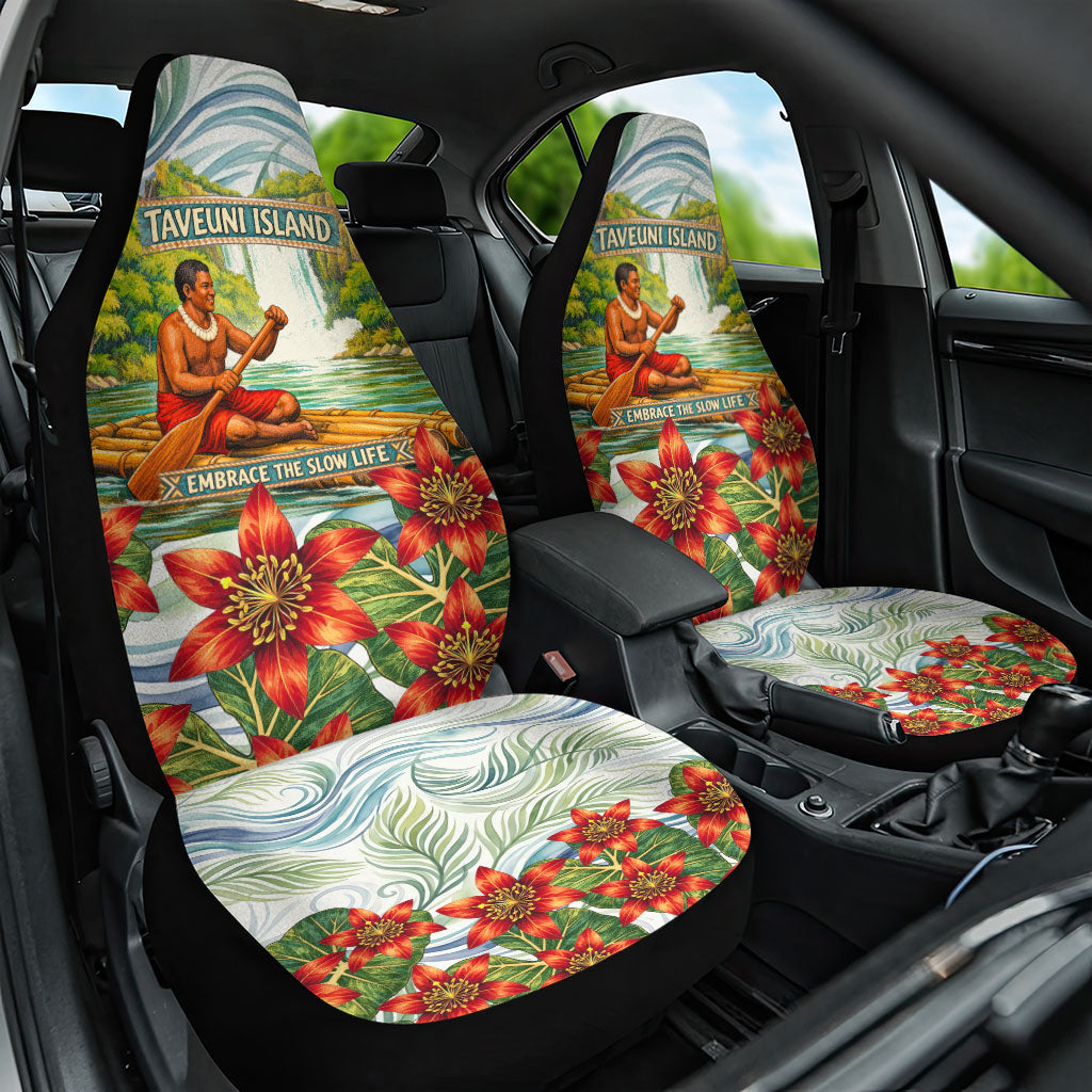Fiji Taveuni Island Dateline Crossing Car Seat Cover Tropical Cultural Landscape With Tagimoucia Floral Pattern TS04 One Size White Green - Polynesian Pride