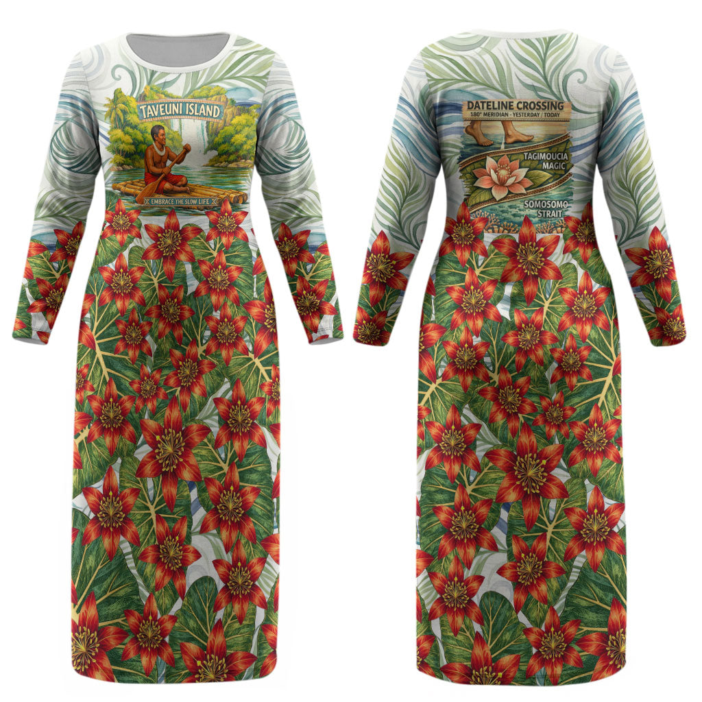 Fiji Taveuni Island Dateline Crossing Couples Matching Long Sleeve Bodycon Dress and Hawaiian Shirt Tropical Cultural Landscape With Tagimoucia Floral Pattern TS04 - Polynesian Pride