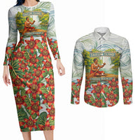 Fiji Taveuni Island Dateline Crossing Couples Matching Long Sleeve Bodycon Dress and Long Sleeve Button Shirt Tropical Cultural Landscape With Tagimoucia Floral Pattern TS04 White Green - Polynesian Pride