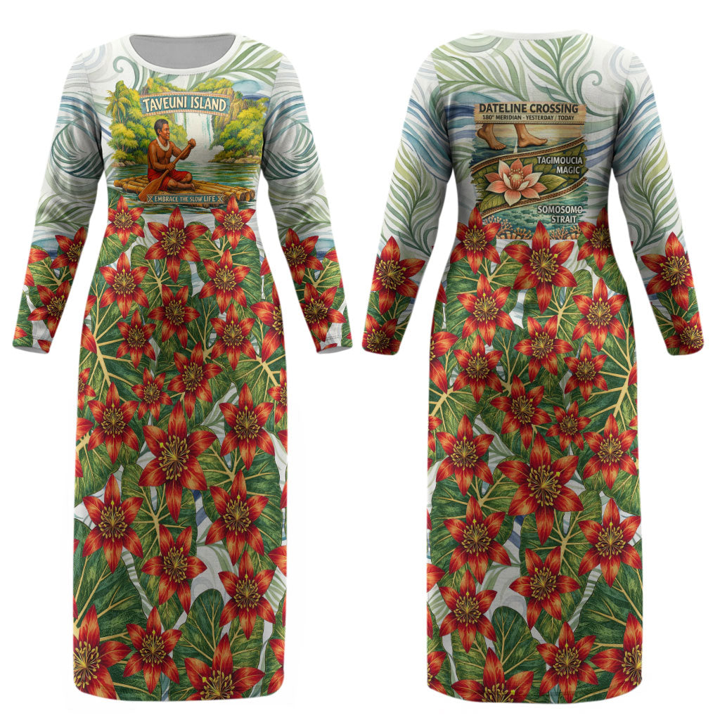 Fiji Taveuni Island Dateline Crossing Couples Matching Long Sleeve Bodycon Dress and Long Sleeve Button Shirt Tropical Cultural Landscape With Tagimoucia Floral Pattern TS04 - Polynesian Pride