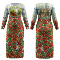 Fiji Taveuni Island Dateline Crossing Couples Matching Long Sleeve Bodycon Dress and Long Sleeve Button Shirt Tropical Cultural Landscape With Tagimoucia Floral Pattern TS04 - Polynesian Pride