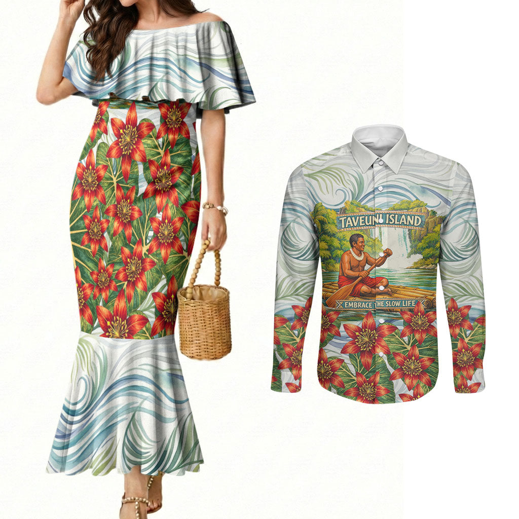 Fiji Taveuni Island Dateline Crossing Couples Matching Mermaid Dress and Long Sleeve Button Shirt Tropical Cultural Landscape With Tagimoucia Floral Pattern TS04 White Green - Polynesian Pride