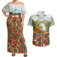 Fiji Taveuni Island Dateline Crossing Couples Matching Off Shoulder Maxi Dress and Hawaiian Shirt Tropical Cultural Landscape With Tagimoucia Floral Pattern TS04 White Green - Polynesian Pride
