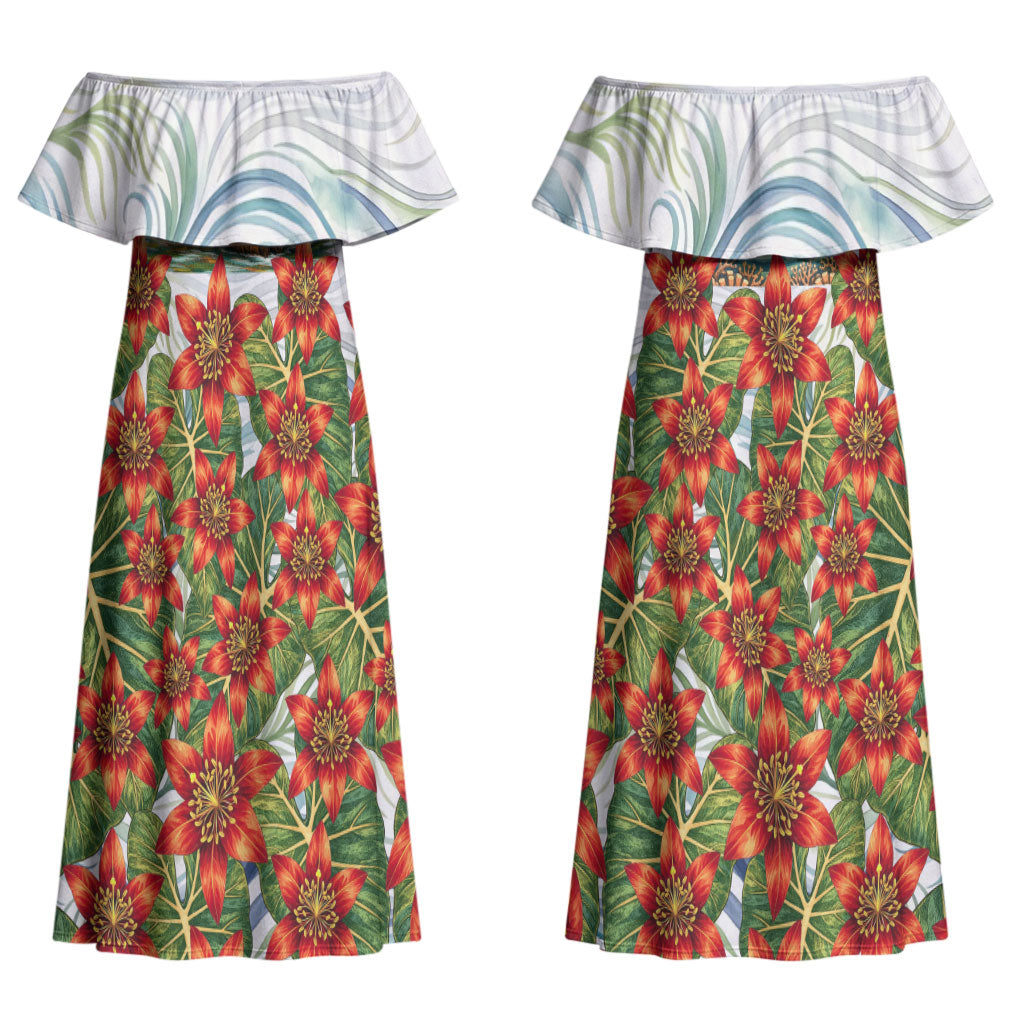 Fiji Taveuni Island Dateline Crossing Couples Matching Off Shoulder Maxi Dress and Hawaiian Shirt Tropical Cultural Landscape With Tagimoucia Floral Pattern TS04 - Polynesian Pride