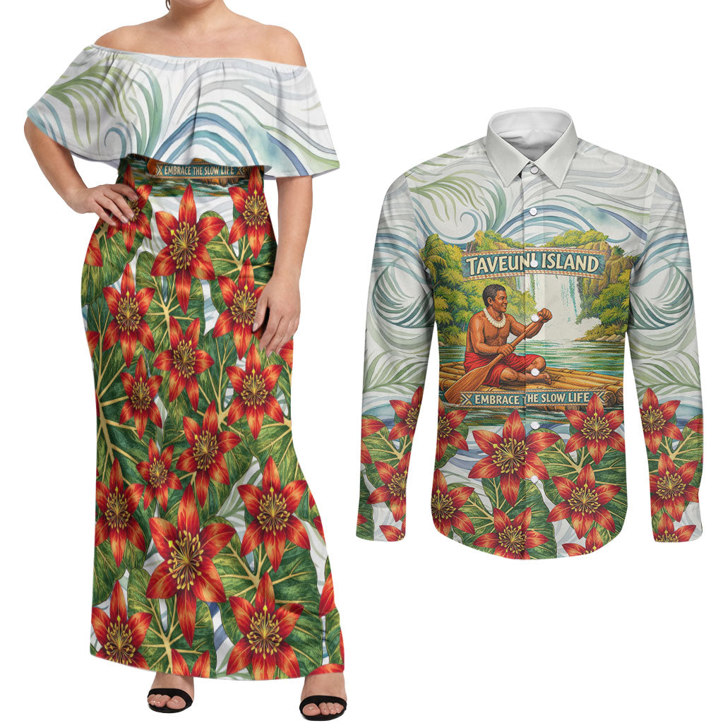 Fiji Taveuni Island Dateline Crossing Couples Matching Off Shoulder Maxi Dress and Long Sleeve Button Shirt Tropical Cultural Landscape With Tagimoucia Floral Pattern TS04 White Green - Polynesian Pride