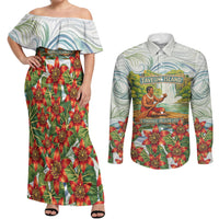 Fiji Taveuni Island Dateline Crossing Couples Matching Off Shoulder Maxi Dress and Long Sleeve Button Shirt Tropical Cultural Landscape With Tagimoucia Floral Pattern TS04 White Green - Polynesian Pride