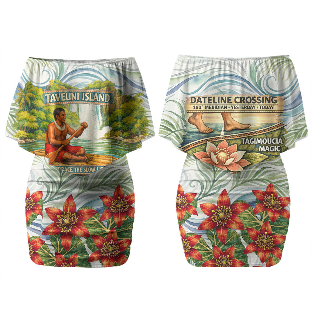 Fiji Taveuni Island Dateline Crossing Couples Matching Off Shoulder Short Dress and Hawaiian Shirt Tropical Cultural Landscape With Tagimoucia Floral Pattern TS04 - Polynesian Pride