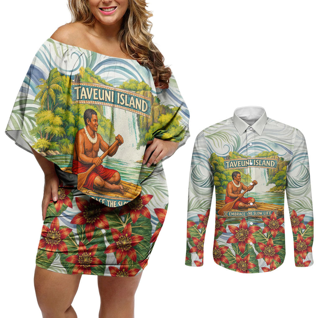 Fiji Taveuni Island Dateline Crossing Couples Matching Off Shoulder Short Dress and Long Sleeve Button Shirt Tropical Cultural Landscape With Tagimoucia Floral Pattern TS04 White Green - Polynesian Pride