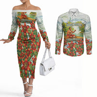 Fiji Taveuni Island Dateline Crossing Couples Matching Off The Shoulder Long Sleeve Dress and Long Sleeve Button Shirt Tropical Cultural Landscape With Tagimoucia Floral Pattern TS04 White Green - Polynesian Pride