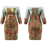 Fiji Taveuni Island Dateline Crossing Couples Matching Off The Shoulder Long Sleeve Dress and Long Sleeve Button Shirt Tropical Cultural Landscape With Tagimoucia Floral Pattern TS04 - Polynesian Pride