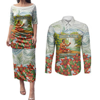 Fiji Taveuni Island Dateline Crossing Couples Matching Puletasi and Long Sleeve Button Shirt Tropical Cultural Landscape With Tagimoucia Floral Pattern TS04 White Green - Polynesian Pride