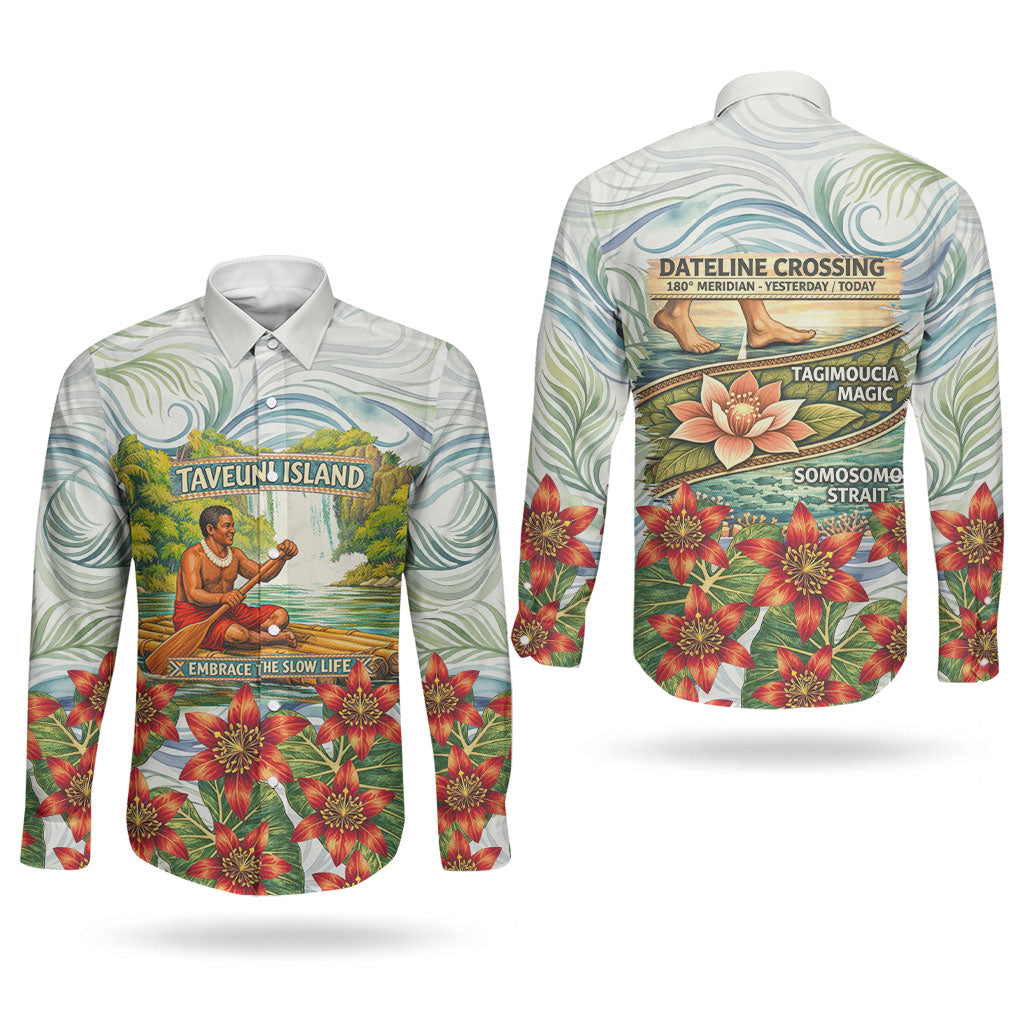Fiji Taveuni Island Dateline Crossing Couples Matching Puletasi and Long Sleeve Button Shirt Tropical Cultural Landscape With Tagimoucia Floral Pattern TS04 - Polynesian Pride